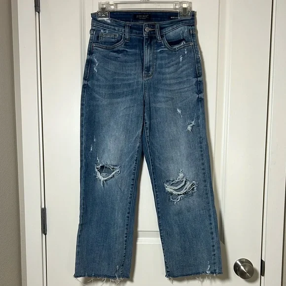 Judy Blue Wide Leg Crop Jeans Light Wash Distressed Denim Size 24 - Picture 8 of 8